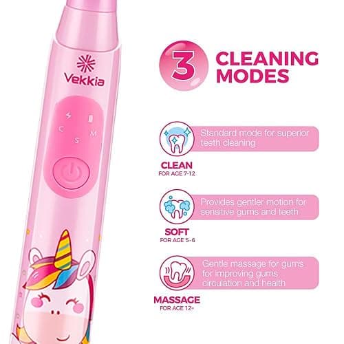 Vekkia Sonic Rechargeable Kids Electric Toothbrush(Pink) | 3 Modes with Memory/Fun & Easy Cleaning/24000 Strokes, IPX7 Waterproof, 2-Min Timer for Age 5+/4 Soft Bristles thumbnail 3