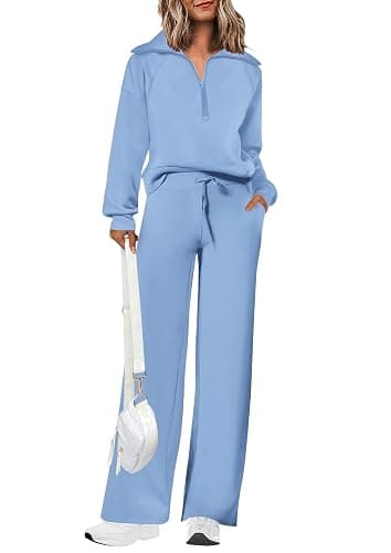 PRETTYGARDEN Women's 2 Piece Outfits Casual Lapel Half Zip Sweatshirts And Wide Leg Pants Tracksuit Sets - Image 1
