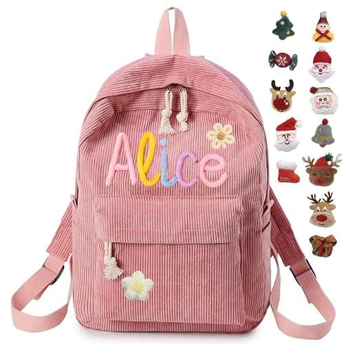Personalized Backpack for Girls/Boys, Custom Corduroy School Bag with Cotton Rope Embroidery Name, Back to School Bag Gifts for Kids, Children Birthday/Christmas Gift - Image 1