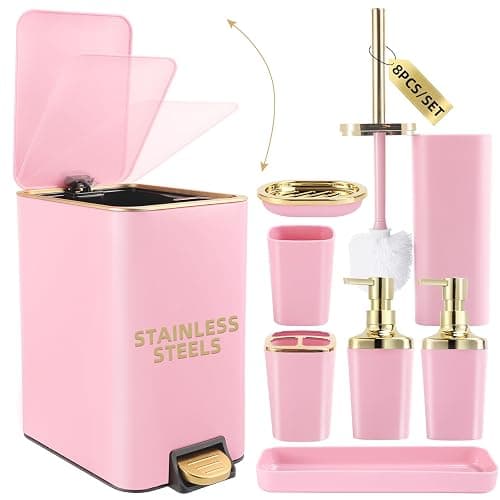 XLHOMO Pink Bathroom Accessories Set 8 Piece Pink and Gold Bathroom Set, Bathroom Sets with Stainless Steel Trash Can,Toilet Brush,Toothbrush Set,Soap Dispenser - Image 1