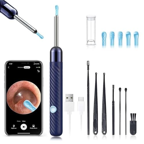 Ear Wax Removal - Earwax Remover Tool with 8 Pcs Ear Set - Ear Canal Cleaner with 1080P Camera - Ear Cleaning Kit with 6 Ear Spoon - Ear Camera for iOS & Android (Navy Blue) - Image 1