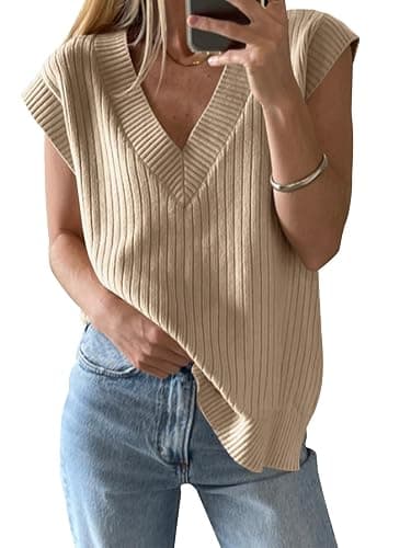 Saodimallsu Womens V Neck Sweater Vest Oversized Ribbed Knit Sleeveless Casual Loose Fit Pullover Tank Top - Image 1