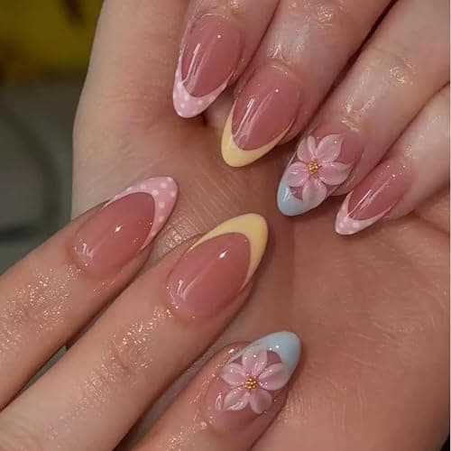 CTTHNBD Medium Press on Nails Almond - Colorful French Tip Fake Nails | Floral Design, Blue , Yellow,Polka Dot, False Nails for Women 24 Pcs - Image 1