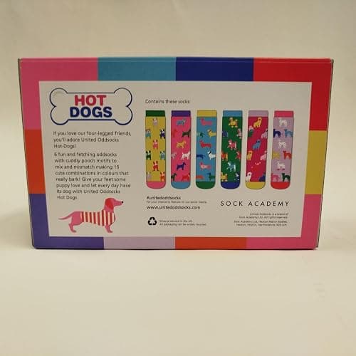 United Oddsocks Hot Dogs Gift Box – 6 Poochy Themed Oddsocks for Women – UK 4-8, EUR 37-42, US 6.5-10.5 – Colourful Dog Socks Gift Set, Cotton Rich, Crew Length, Perfect for Animal Lovers & Sock Fans thumbnail 5
