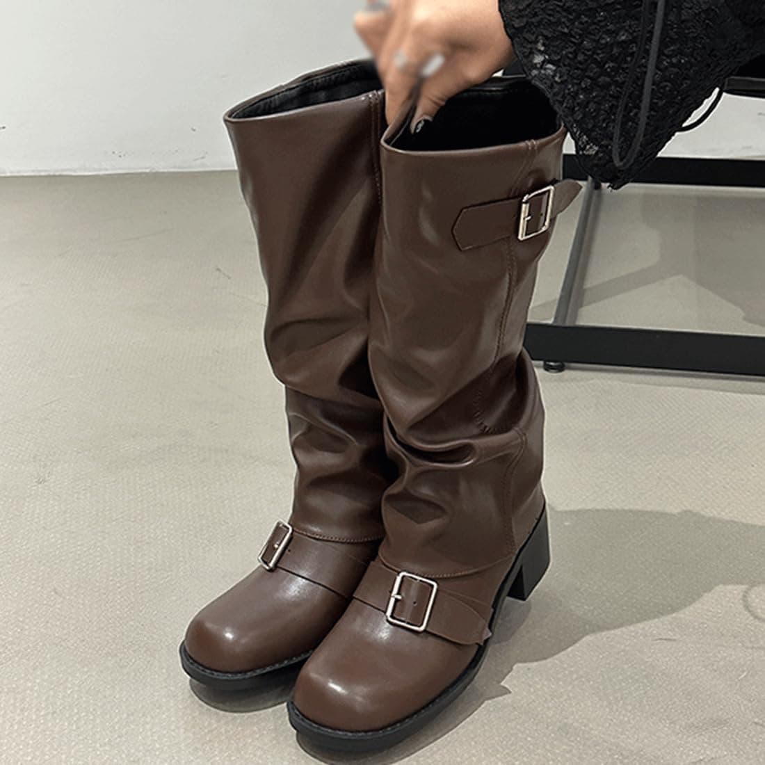 Women's Slouchy Knee High Boots,Round Toe Length Boot,Female All-Match Trendy Shoes,Winter Fall Chunky Metallic Buckle Boot thumbnail 5