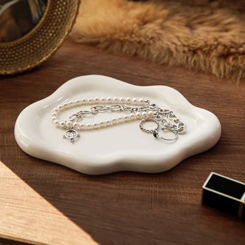 MDFAYE Jewelry Dish Trinket Tray for Women, Ring Dish Holder, Unique Cloud Shape Ceramic Plate Cute Things Vanity Aesthetic Room Decor Mother's Day Birthday (White) thumbnail 7