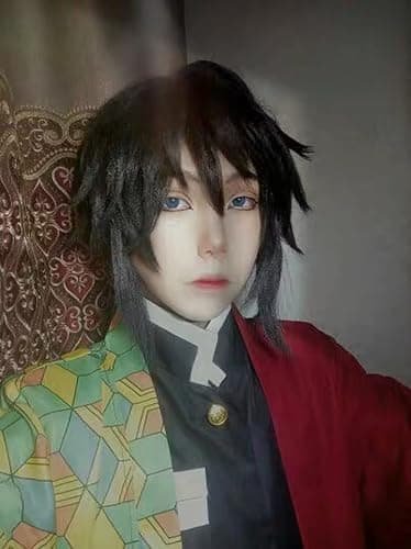 GZIRUE Giyu Giyuu Tomioka Wig Cosplay Black Fluffy Spiky Hair Costume Wig with Ponytail Wig Cap thumbnail 7