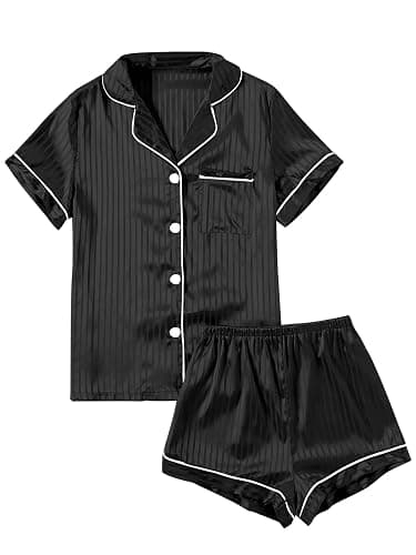 LYANER Women's Striped Silky Satin Pajamas Short Sleeve Top with Shorts Sleepwear PJ Set - X-Small - Black#2 - Image 1