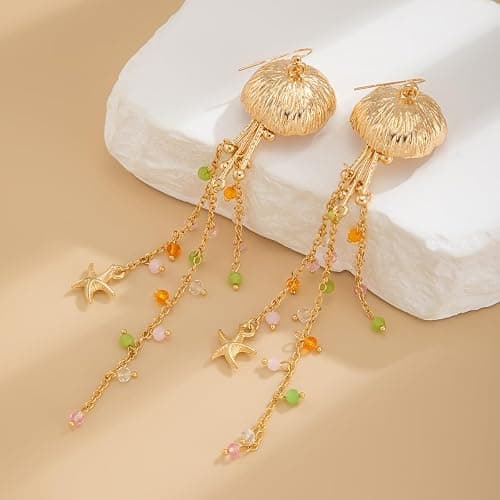 Starfish Tassel Dangle Earrings for Women Jellyfish Earrings Beach Long Dangle Drop Earring Summer Charm Earrings Ocean-Themed Dangling Earring Boho Beach Jewelry thumbnail 6