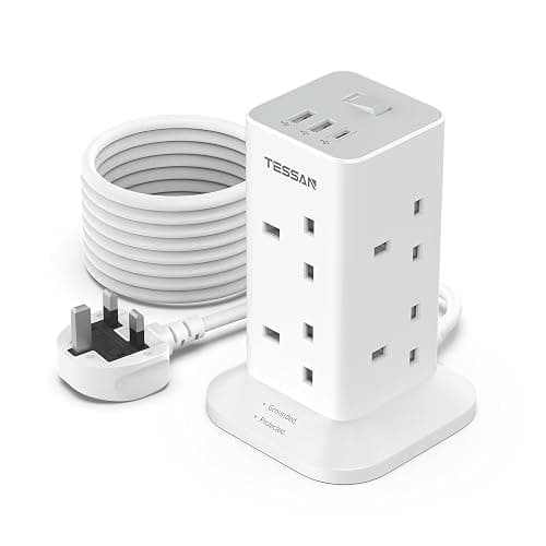 Tower Extension Lead 5M with 3 USB Slots, TESSAN 5 Metre Extension Cable 8 Way Multi Plug Socket, Surge Protected Power Strip with Switch for Home, Office - Image 1