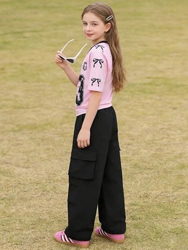 Afsmlys Tween Girls Clothes Short Sleeve Graphic T-Shirt Top + Cargo Pants 2pcs Outfit Set, Size 7-15Years thumbnail 4