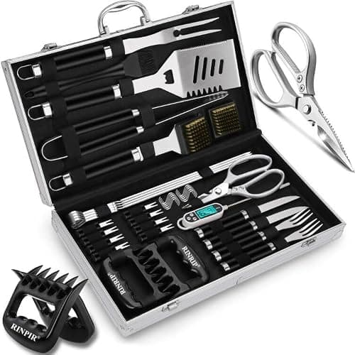 RINPIR 35pcs Deluxe Grilling Gifts Set for Birthday Fathers Day, Stainless Steel BBQ Accessories Kit for Men Dad, Professional Grill Tools Utensils with Scissors, Meat Claws in Aluminum Case Black thumbnail 4