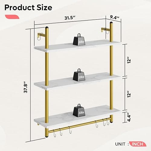 Bestier 31" Industrial Pipe Shelving, Floating Kitchen Wall Shelves 3 Tier Coffee Bar Shelves for Wall with 8 Hooks, Hanging Display Shelf Bookshelf for Living Room Bathroom, White Marble thumbnail 2