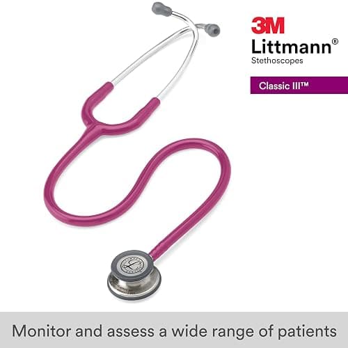 3M Littmann Classic III Monitoring Stethoscope, 5648, More Than 2X as Loud, Weighs Less, Stainless Steel Chestpiece, 27" Raspberry Tube thumbnail 2