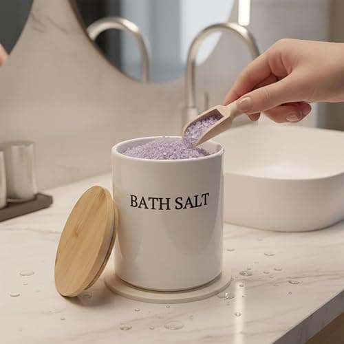 Qinpufu 64 oz Bath Salt Jar Set, Ceramic Bath Salt Container with Scoop & Mat, Epsom Salt Storage with Airtight Wooden Lid, Modern Minimalist Bathtub Accessories for Women Bathtub Decor, White thumbnail 2