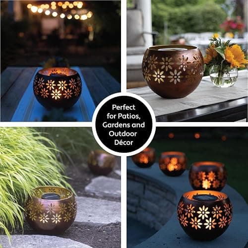 Original Solar Fire Bowl (1-Pack) Outdoor Waterproof Solar Lanterns - Metal Porch Lights with Flickering Flame for Tabletop, Patio, Garden & Landscape Decor (Matte Black) thumbnail 7