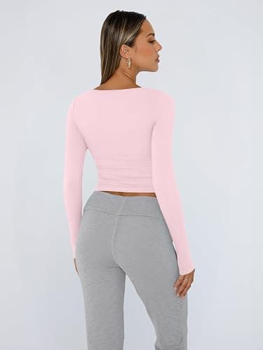 Trendy Queen Womens Long Sleeve Shirts Crop Tops Fall Fashion 2025 Square Neck Going Out Basics Tees Y2k Clothes thumbnail 4