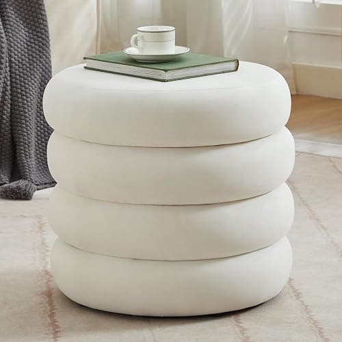 Zibeths Round Velvet Storage Ottoman with Removable Lid, Small Tufted Vanity Stool for Dorm, Modern Compact Footrest for Bedroom Entryway Lounge, White - Image 1