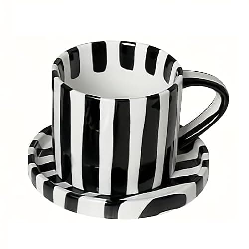 Mualuwi Tea Cup and Saucer, Ceramic 8 oz coffee mug, Dishwasher Safe and Microwave Safe, Black and White - Image 1
