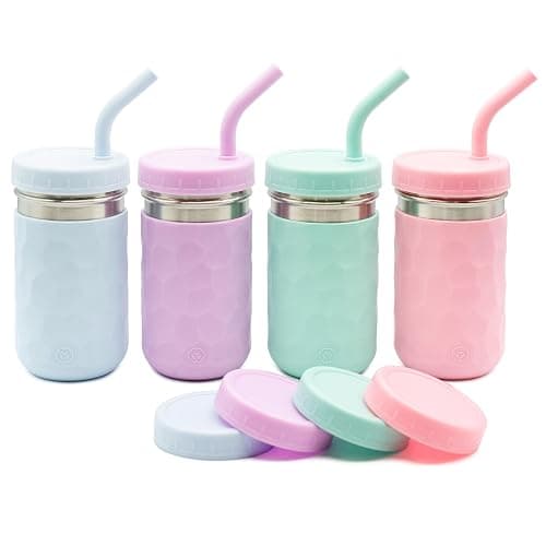 WeeSprout 2-in-1 Drinking Cups for Kids, Durable Stainless Steel Tumbler for Smoothies, Silicone Straws with Stoppers, Premium Plastic Twist Lids, Easy-Grip Sleeves, Set of 4 Dishwasher Safe Kid Cups - Image 1