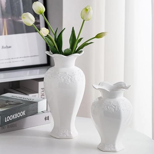 Seasonsplan Relievo Elegant White Cream 8in 11in Ceramic Flower Tall Aesthetic Beige Table Tulip Wide Mouth Rose Filler Decorative Rustic Vase Decor for Home (Cream Vase, L) thumbnail 5