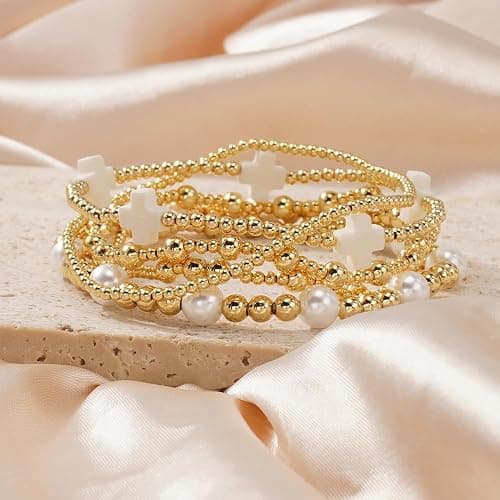 SHINUS BOHO 5Pcs Gold Plated Cross Beaded Bracelets Stack Set for Women,Stretch Stackable Boho Colorful Beads Ball Jewelry Friendship Summer Daily Wear Trendy thumbnail 4