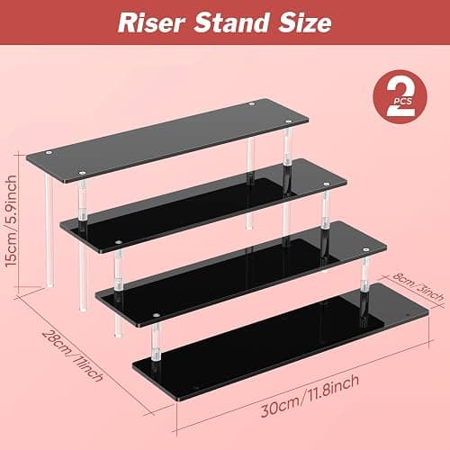 4 Tier Acrylic Display Risers, Black Perfume Organizer, Cupcake Stand | Large Dessert Display for Party, Display Shelf for Figure and Collection, Riser Stand for Decoration and Organizer, 2 Pack thumbnail 3