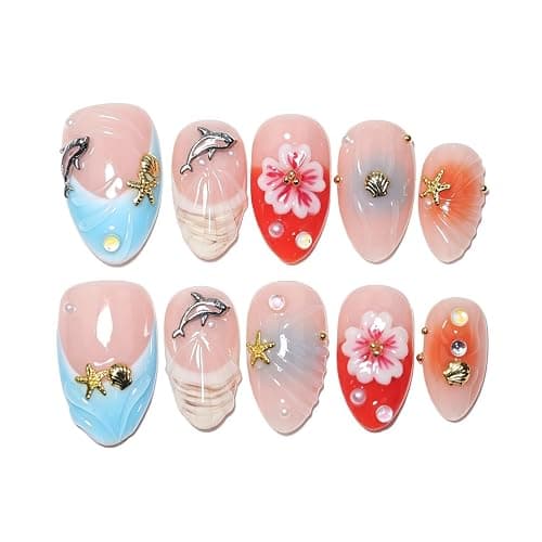 Handmade Short Almond Ocean Press On Nails,Reusable&Salon Quality(1TA12, S) | 10Pcs Daily & Party Fake Nails | Easy Apply & Remove | Tropical Ocean Style Press Ons with 3D Dolphin,Starfish,Plumeria - Image 1