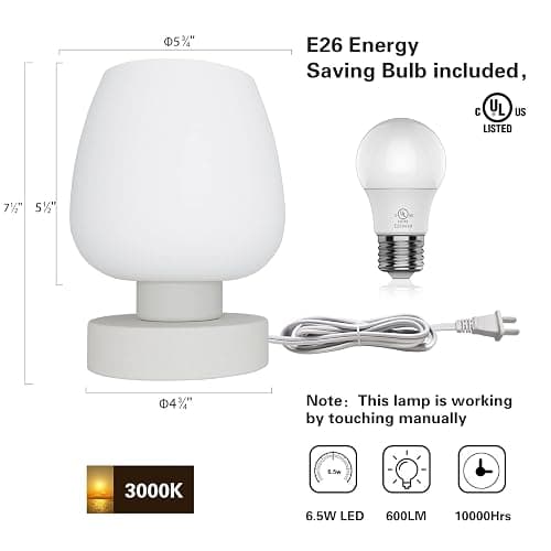 ONEWISH Small Bedside Lamp for Bedroom, 3-Way Dimmable Touch Control, 600 Lumen Bright Opal Glass Shade, 7.5 Inch Ultra Compact Nightstand Lamp, Warm White 2700K LED Bulb Included, Modern Design thumbnail 8