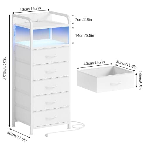 Fixwal Tall Dresser with 5 Drawers for Bedroom, 40 Inch LED Tall Nightstand with Charging Station, Night Stand White Dresser with PU Finish, Bedside Table for Dorm thumbnail 3