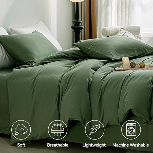 JELLYMONI Green Duvet Cover California King - 100% Washed Cotton Linen Like Textured Comforter Cover, 3 Pieces Breathable Soft Bedding Set with Zipper Closure (Green,Cal King 104"x98") thumbnail 3