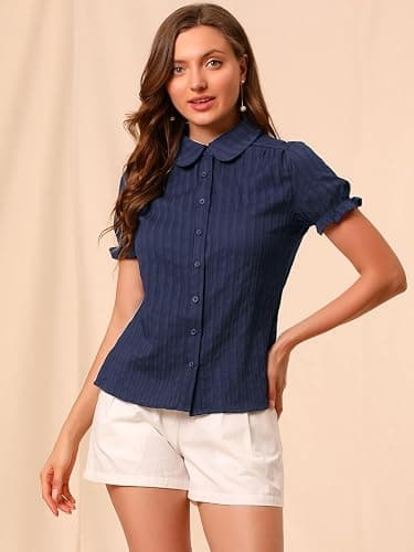 Allegra K Women's Peter Pan Collar Shirt Cotton Vintage Short Sleeve Button Down Shirt thumbnail 3