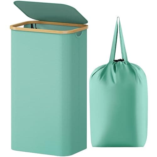 Lifewit 105L Large Laundry Basket with Lid, Removable Bags, Sage Green | Foldable Laundry Hamper with Bamboo Handles, Tall Laundry Bin, Dirty Clothes Hamper for Laundry Room, Bedroom, Bathroom, Dorm - Image 1