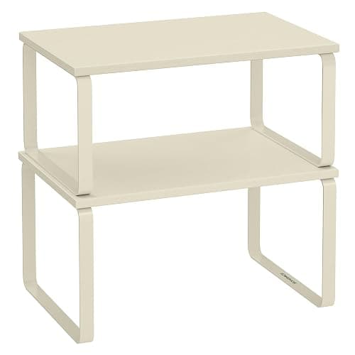SONGMICS Scaffale Portaspezie, Set di 2 Organizzatori da Cucina Espandibili, Scaffale da Cucina Impilabile, Metallo e Legno Ingegnerizzato, Bianco Crema KCS002W02 - Image 1