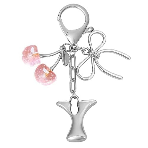 Snycler Bubble Initial Keychain with Bow & Cherry - Silver Letter Bag Charms for Women, Cute Purse Handbag Accessories - Image 1