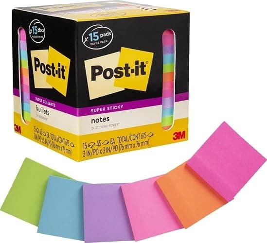 Post-it Super Sticky Notes, 15 Pads, 3 x 3 in, School Supplies, Office Products, Notes for Vertical Surfaces, Monitors, Walls and Windows, Assorted Colors - Image 1