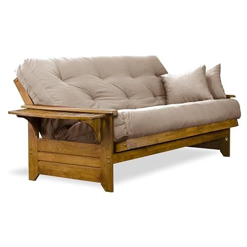 Nirvana Futons Brentwood Tray Arm Futon Frame, Drawers, and Microfiber Khaki Mattress Set - Queen, Heritage Finish thumbnail 4