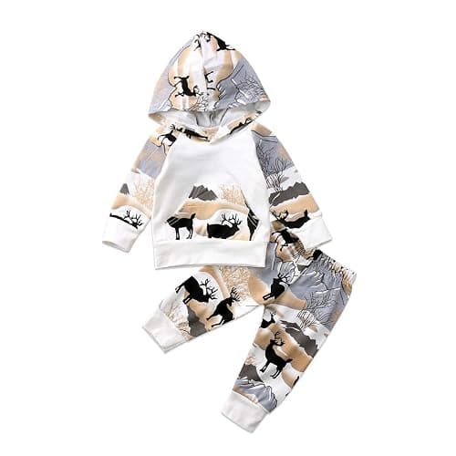 2Pcs Baby Boys Hoodie Tops Pants Set Dinosaur Deer Print Sweatsuit Fall Winter Outfits - Image 1