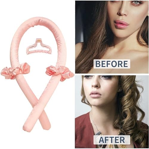 Heatless Curling Rod Headband No Heat Silk Ribbon Curling Rod Hair Roller Curls with Hair Claw Clip Lazy Natural Soft Wave DIY Hair Rollers Styling Tool for Sleep in Overnight (Pink) thumbnail 2