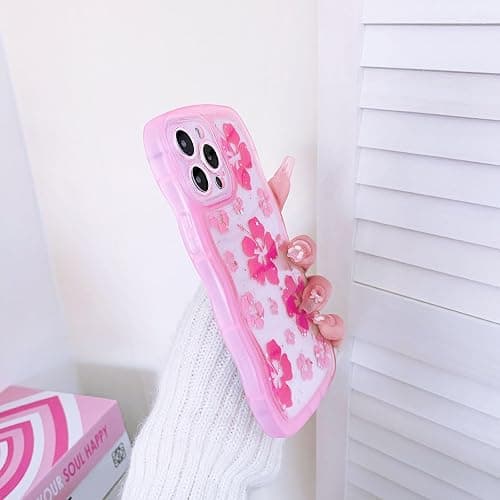 NITITOP Compatible with iPhone 12 Pro Max Case Cute Clear for Women Girls Flower Floral Bling Glitter Sparkling Star Wave Curly Frame Soft TPU Shockproof Camera Protective Cover - Pink thumbnail 5