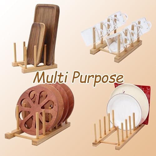 YUNYU Wooden Plate Rack Organiser - 6 Slot Dish Drainer & Storage Holder for Kitchen/Bedroom/Study | Fits Chopping Boards/Cups/Books/Pot Lids/Baking Trays (Natural Wood) thumbnail 5