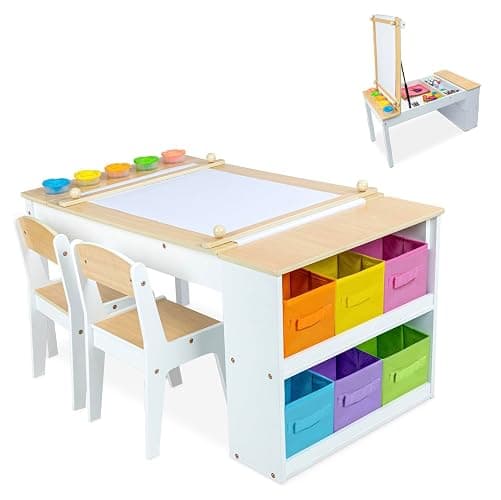 Milliard 2-in-1 Kids Art Table and Art Easel Table and Chair Set, Toddler Craft and Play Wood Activity Table with Storage Bins and Paper Roll - White and Nuetral - Image 1