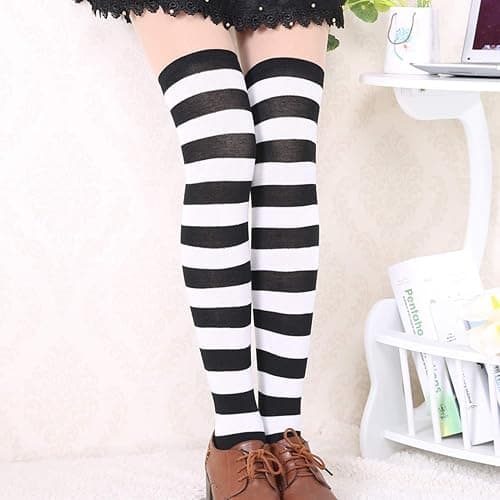 DRESHOW 6 Pairs High Thigh Socks Striped Over Knee Thin Tights Long Stocking for Women Leg Warmer thumbnail 7