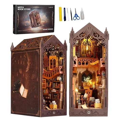 IXYHKB DIY Book Nook Kit, DIY Miniature Dollhouse Book Nook, 3D Wooden Puzzle Art Bookshelf with LED Lights, Creative Wooden Puzzle Bookends, Miniature Bookends Building Model Kit for Adults Teens - Image 1