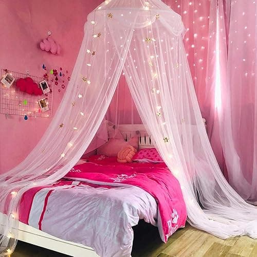 Nattey Bed Canopy with Lights for Girls,Gold Star Princess Crib Canopy Curtains,Extra Large Dome Mosquito Net Reading Nook Canopy for Kids Boys Twin Full Queen Size Bed,Fire Retardant Fabric thumbnail 4
