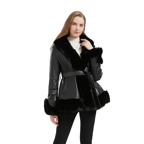 AOWITH Faux Leather Jacket for Women with Faux Fur Collar Long Sleeve Parka with Pockets Warm Winter Coat with Belt - XX-Large - Apricot thumbnail 3