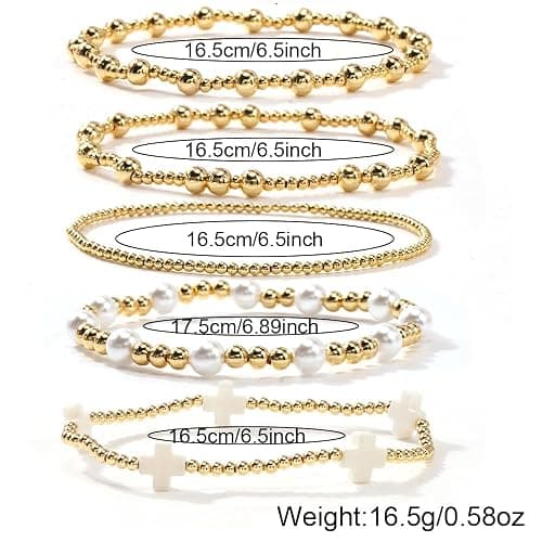 SHINUS BOHO 5Pcs Gold Plated Cross Beaded Bracelets Stack Set for Women,Stretch Stackable Boho Colorful Beads Ball Jewelry Friendship Summer Daily Wear Trendy thumbnail 6