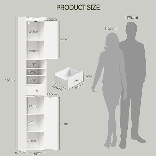 Tall Bathroom Cabinet, Slim Storage Cabinet with Adjustable Shelve 30×180cm | Bathroom Storage Unit Narrow Cupboard, Corner cabinet freestanding Anti-Tip Adjustable Removable Shelf Wood Modern Drawers thumbnail 3