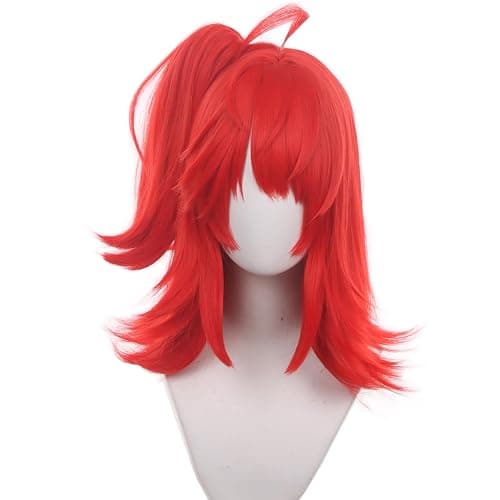 XiongXiongLe Halloween High Ponytail Red Long Synthetic Hair Adult Cosplay Wig with Bangs Anime Women Costume Red Wigs 15.7" + Wig Cap for Adult Women Cos Role Party Christmas Comic Con Manga - Image 1