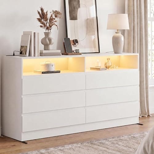 Gyfimoie White 6-Drawer Dresser for Bedroom w/Power Outlet and LED Light | Modern Double Dresser with 2 Open Cubbies, Spacious Chest of Drawers, and TV Stand Function for Living Room - Image 1